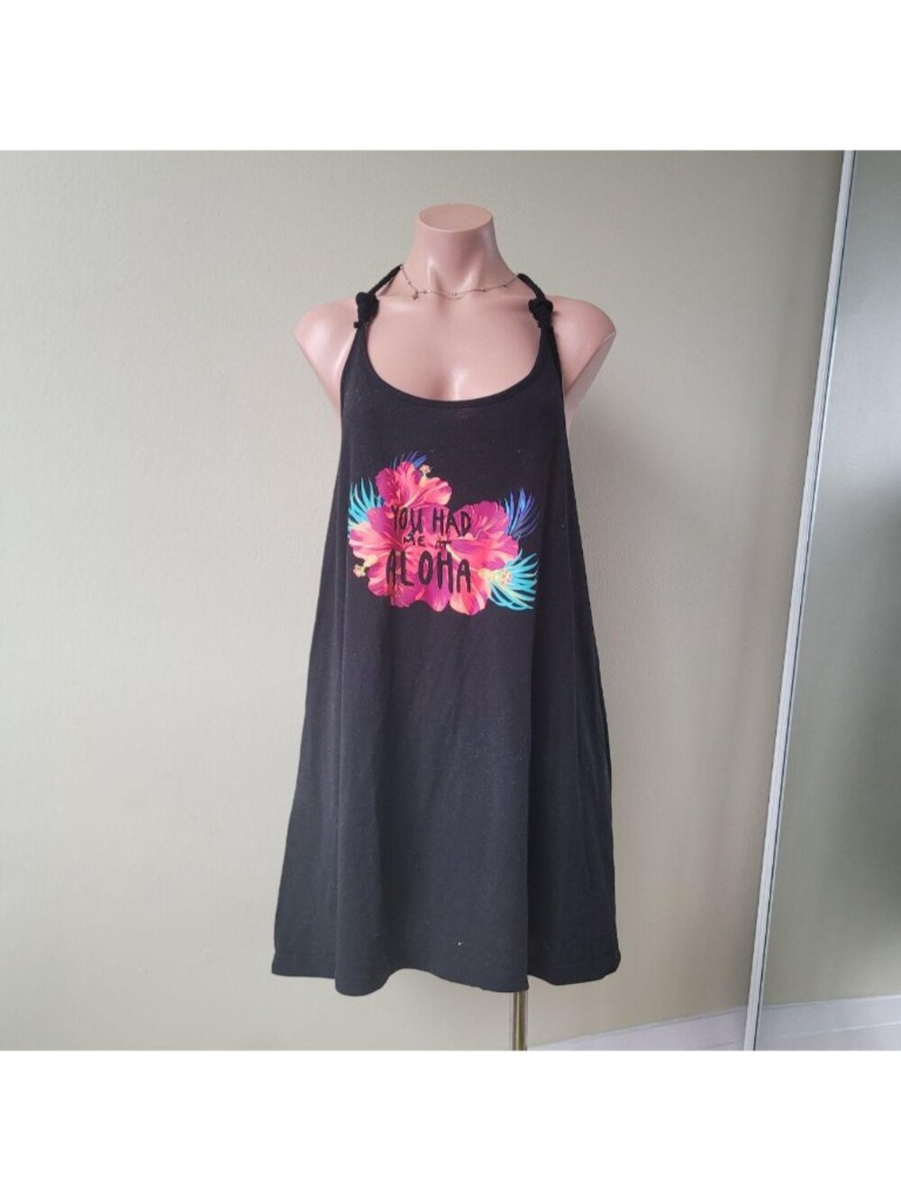 George Hawaiian Tropical Floral Print Black Halter Neck Summer Sundress (XL)